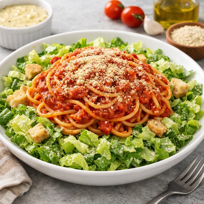 caesar salad pasta with oil-free caesar dressing