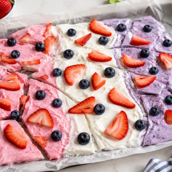 red white and blueberry frozen yogurt bark